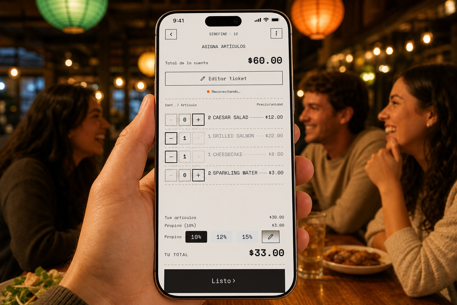 MesaTodos home screen: scan a receipt, add your name, and split the bill with the table